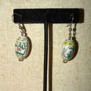 Vintage Hand-Painted Chinese Porcelain Dangle Earrings – Peach & Calligraphy